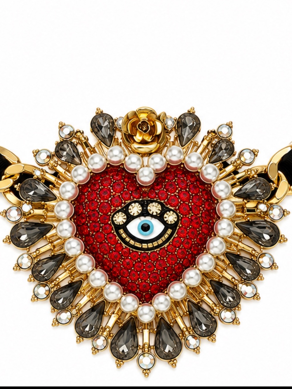 Betsey Johnson Evil Eye Sacred Heart Statement Necklace Rhinestone Pearl Gold - Picture 2 of 2